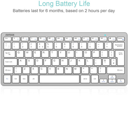 Arteck Ultra-Slim Bluetooth Keyboard Compatible with iPad 10.2-inch/Air/ 9.7-inch/Pro/Mini, iPhone and Other Bluetooth Enabled Devices Including iOS, Android, Windows, Silver