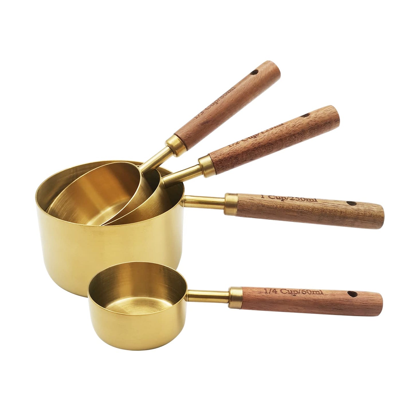 Zalaxt Gold Measuring Cups and Spoons Set with Fragrant Wood Handle, Measuring Cups, Metal Measuring Spoons and Measuring Cup Set for Cooking & Baking, Set of 8 pcs