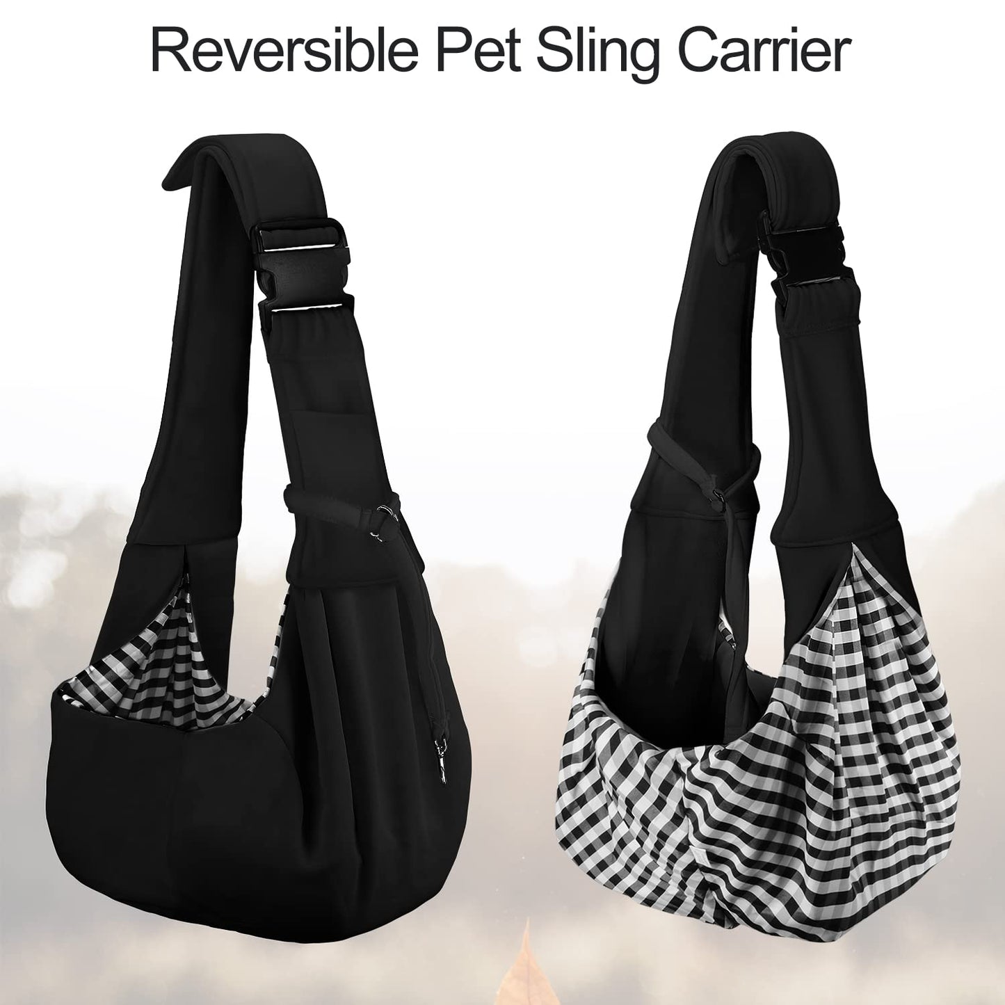 PETLOFT Reversible Sling Carrier, Adjustable, Hands-Free Cross-Body Design with Collar Hook for Small Pets up to 4.99kg (Black)