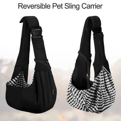 PETLOFT Reversible Sling Carrier, Adjustable, Hands-Free Cross-Body Design with Collar Hook for Small Pets up to 4.99kg (Black)