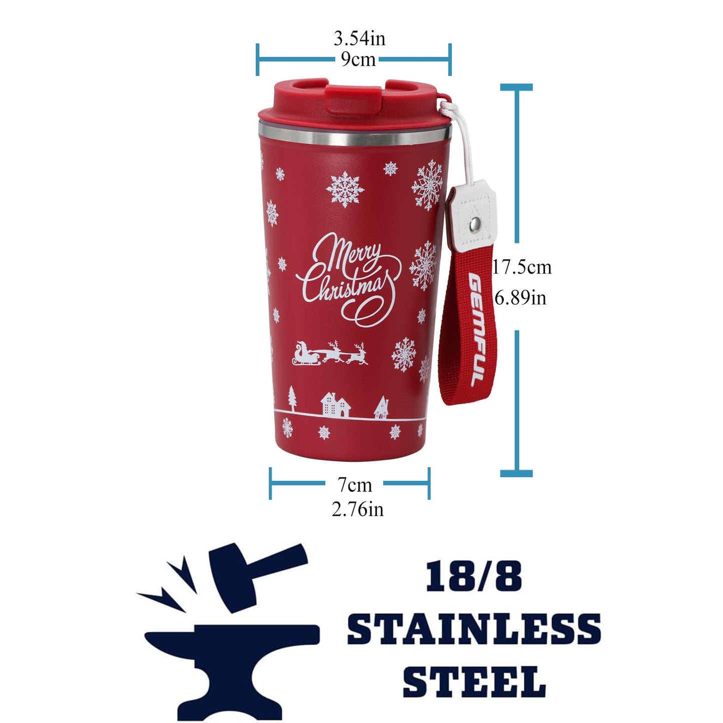 GEMFUL Chirstmas Coffee to go Cup for Her or Him 17oz Double Walled Vacuum Leak Proof Travel Coffee Mug for Hot Drinks (Red)