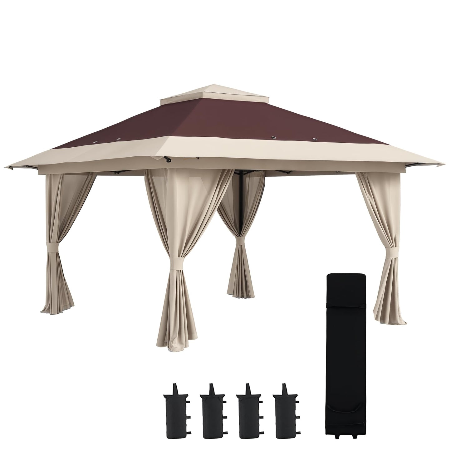 Outsunny 13' x 13' Pop Up Gazebo with Netting, UPF 50+ Instant Canopy Tent Shelter with Water/Sand Bags, Wheeled Carry Bag, for Outdoor, Garden, Parties, Brown