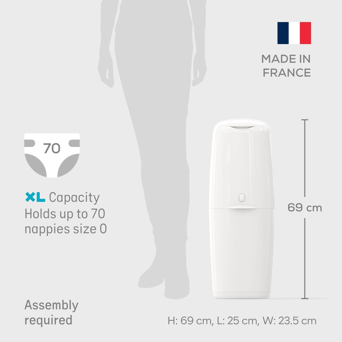 Angelcare Classic XL Nappy Bin - holds up to 70 nappies – simple no twist refills – for less film use – get more nappies per cassette and save! Includes 1 octo refill cassette