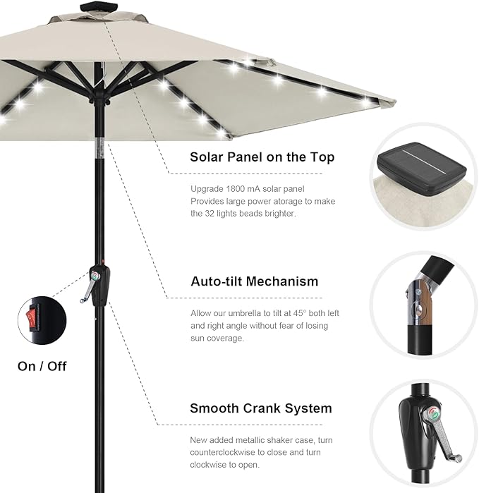ABCCANOPY Durable Solar Led Patio Umbrellas with 32LED Lights 7.5FT (Light Beige)