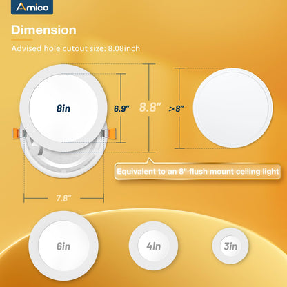 Amico 12 Pack 6 Inch 5CCT LED Recessed Ceiling Light with Night Light, 2700K/3000K/3500K/4000K/5000K Selectable Ultra-Thin Lighting, 12W=110W, 1100LM, Dimmable Canless Wafer Downlight ETL&FCC