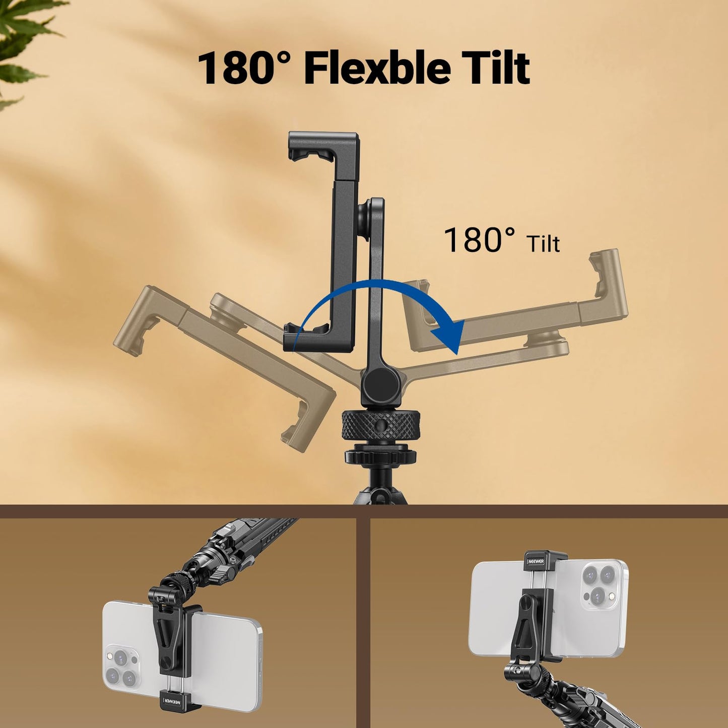 NEEWER Metal Phone Tripod Mount with Cold Shoes, 1/4" Thread, 180° Tilt, 360° Rotation, Adjustable Phone Clamp Holder Compatible with iPhone 17 Pro Max 16 15 Samsung S25 S24 Ultra Camera Cage, GA010
