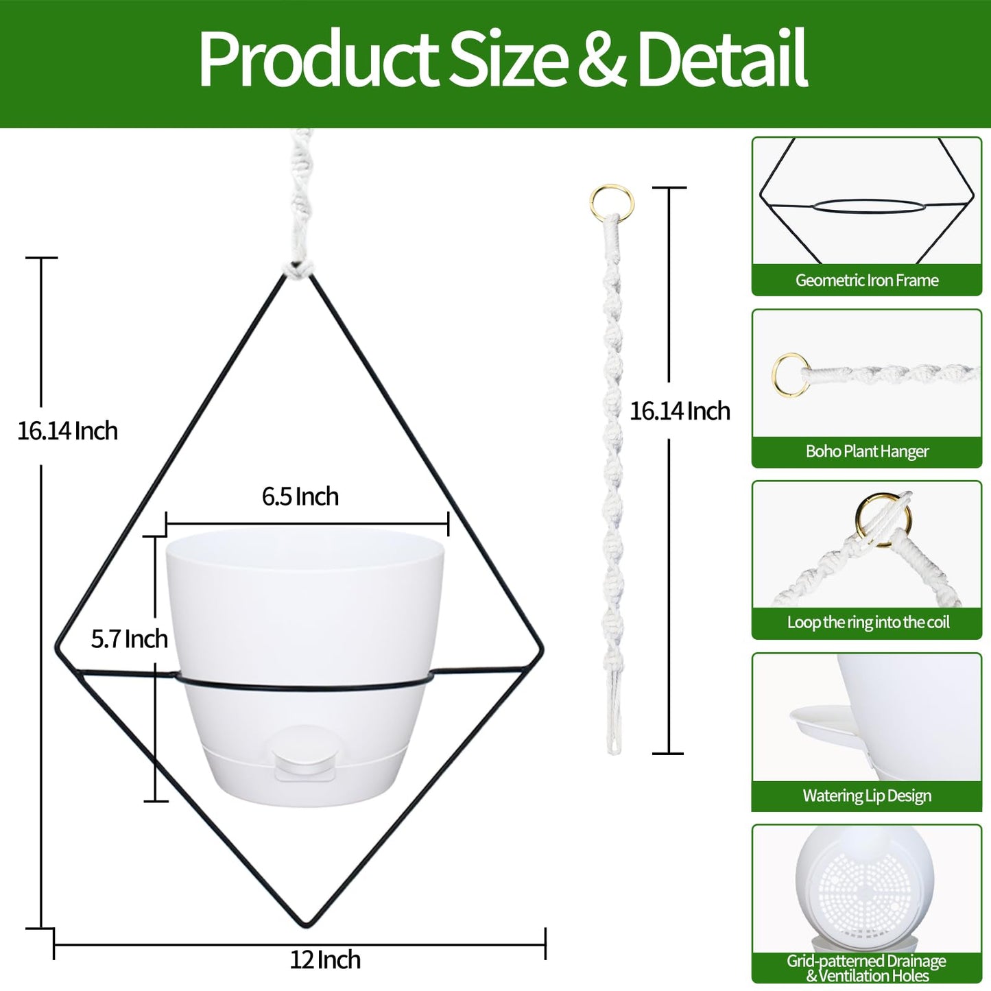 Koalaime Hanging Planters for Indoor Plants, 2 Set Self Watering Hanging Flower Pots, Modern Hanging Plant Baskets with Metal Plant Holder & 6.5 Inch Plastic Pots for Garden Home Decor (White)