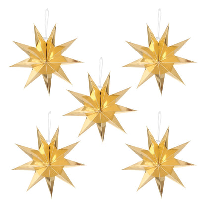 MECCANIXITY 5 Pcs Paper Star Lanterns 9-Pointed 12" Hanging Star Paper Lantern Hanging Lampshade for Christmas,Wedding,Graduation Party Supplies, Gold