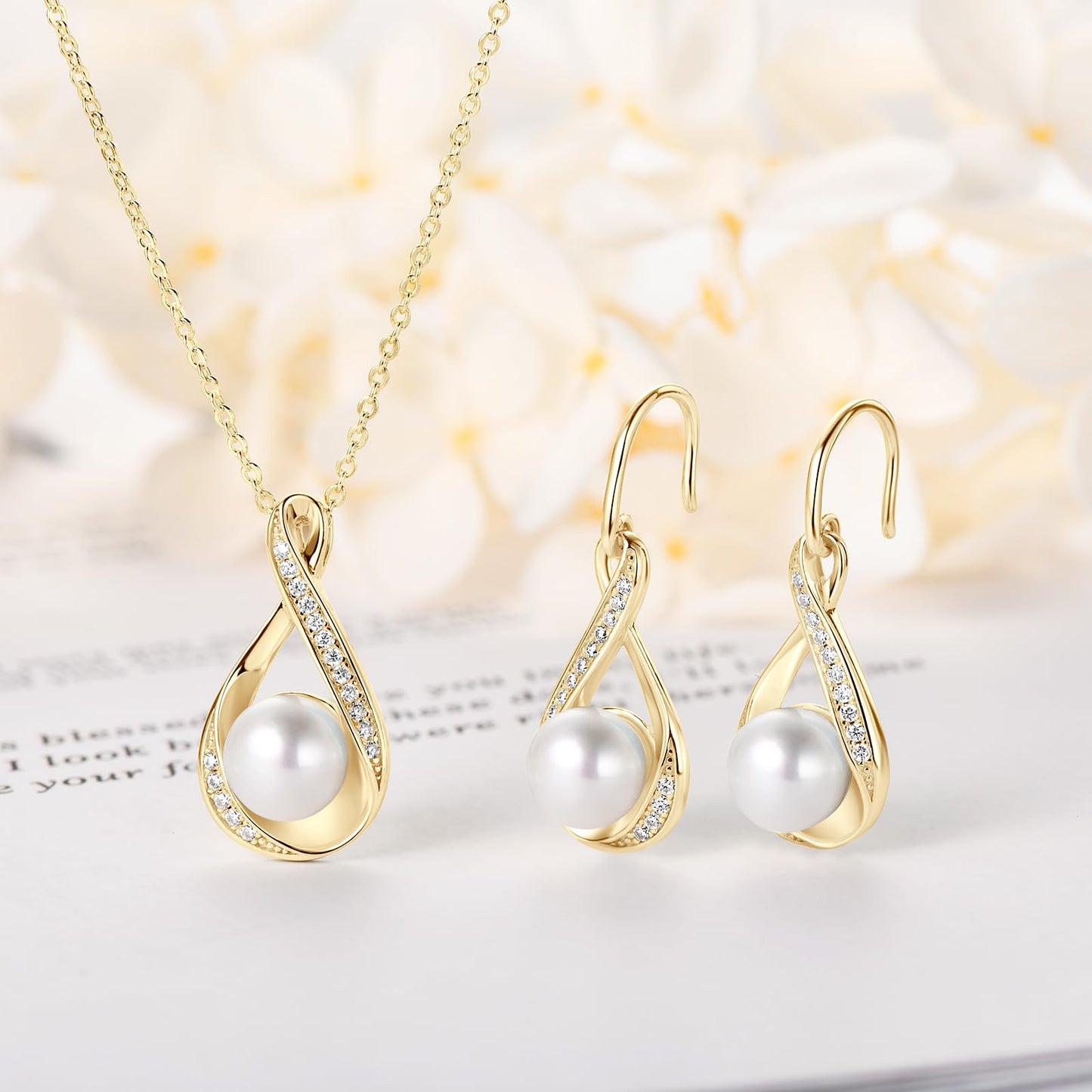 DENGGUANG Sterling Silver Pearl Jewelry Set with Moissanite, Real Freshwater Pearl Earrings Necklace for Women, Wedding Jewelry for Brides Bridesmaid, Mother's Day