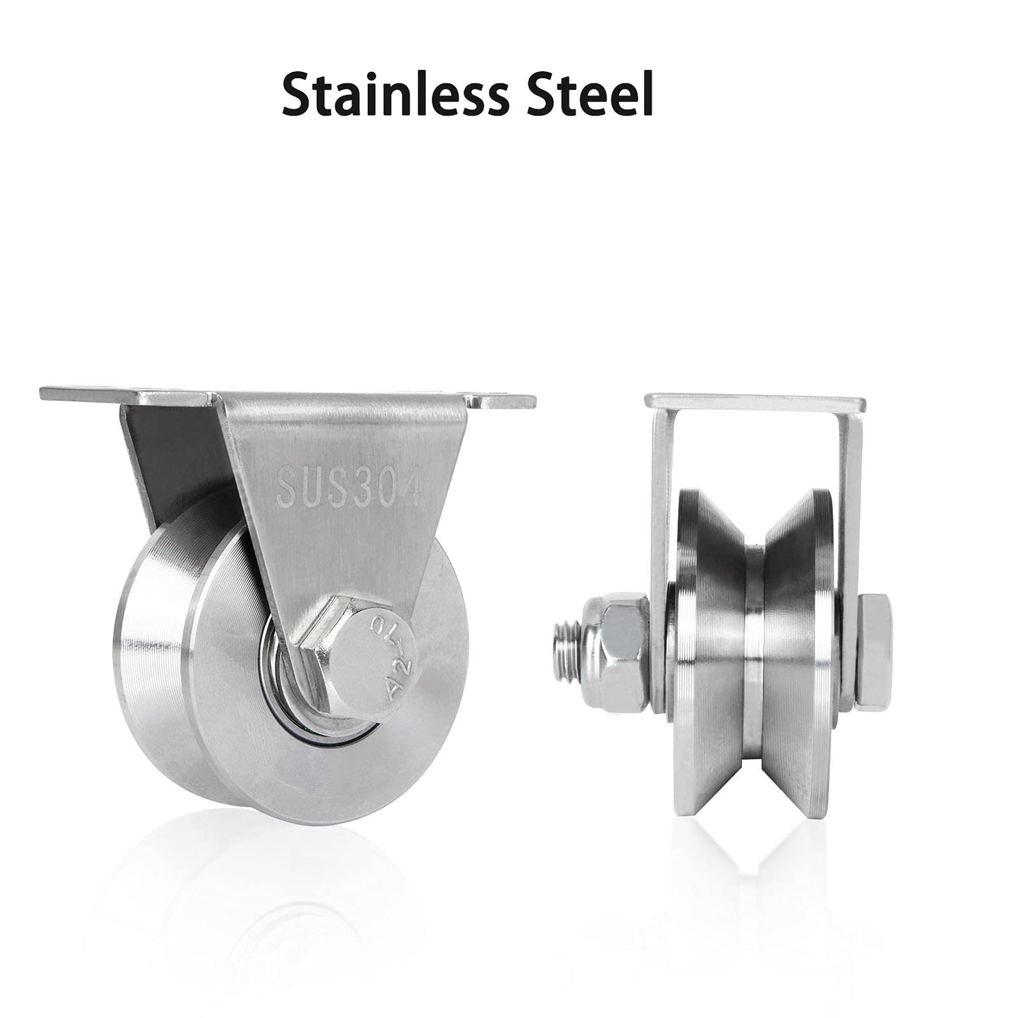 CertBuy 2 Pack 2 Inch V Groove Wheel Pulley, 304 Stainless Steel Silent Pulley Block, Heavy Duty Caster Wheels Sliding Gate Rollers Pressure Bearing Pulley, Loading 880lb for Handling and Moving