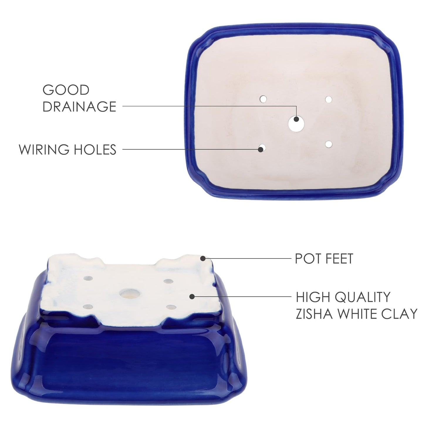 Set of 2 Zisha White Clay Bonsai Pot Glazed Shallow Succulent Planter Blue