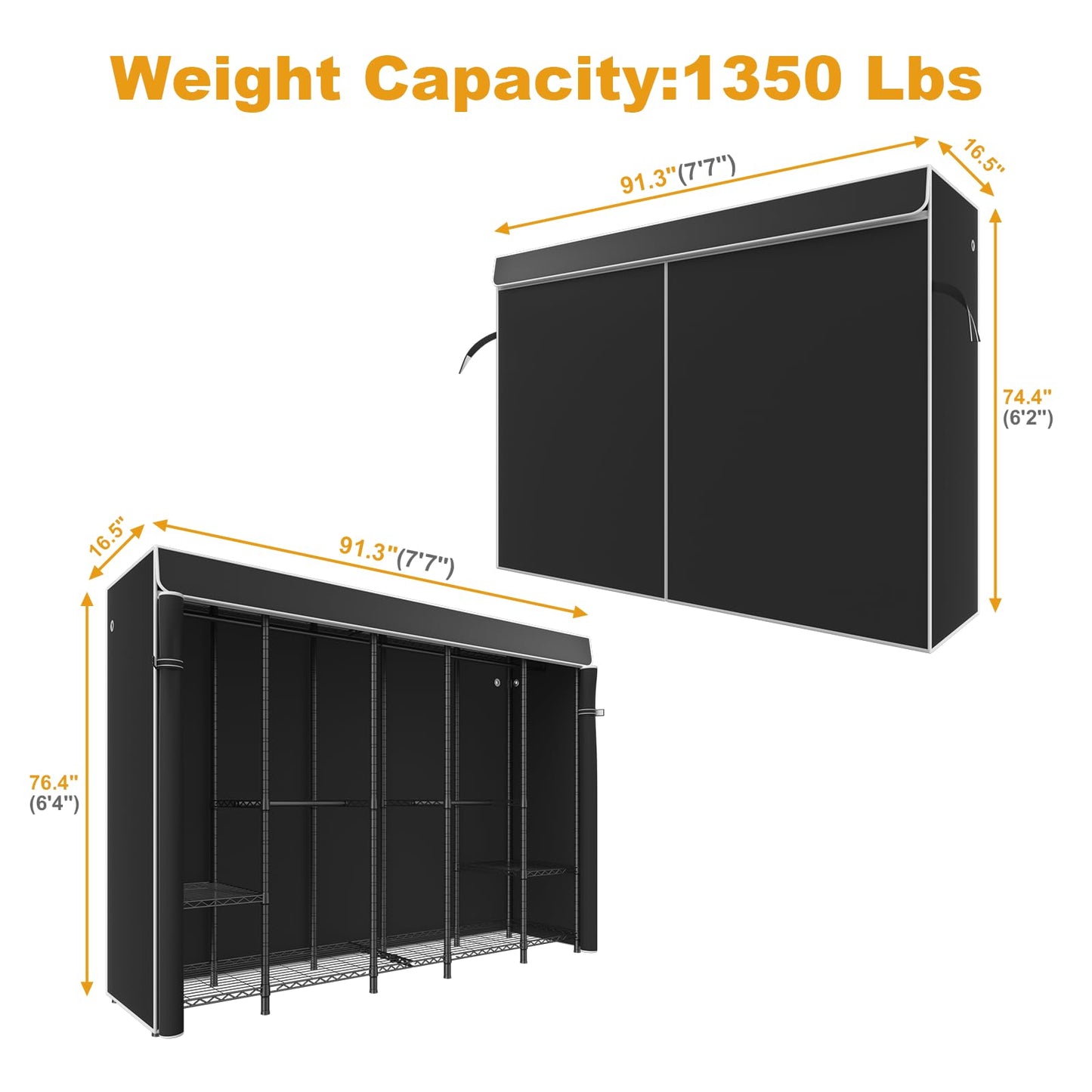 ULIFHOME H50C Extra Large Clothes Rack with Cover, Freestanding Portable Closet, Covered Clothing Racks for Hanging Clothes, Heavy Duty Garment Rack, Wardrobe Closet with Black Cover Max Load 1350 Lbs
