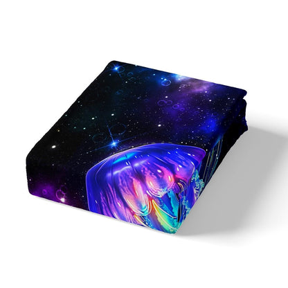 Jellyfish Galaxy Fitted Sheet Set Full Size 4 Pcs,Blue Nebula Spaceship Bedding Set(1 Fitted,1 Flat,2 Pillowcases),Universe Stars Planets Luxury Deep Pocket Bed Sheets for Girls Teesn Room