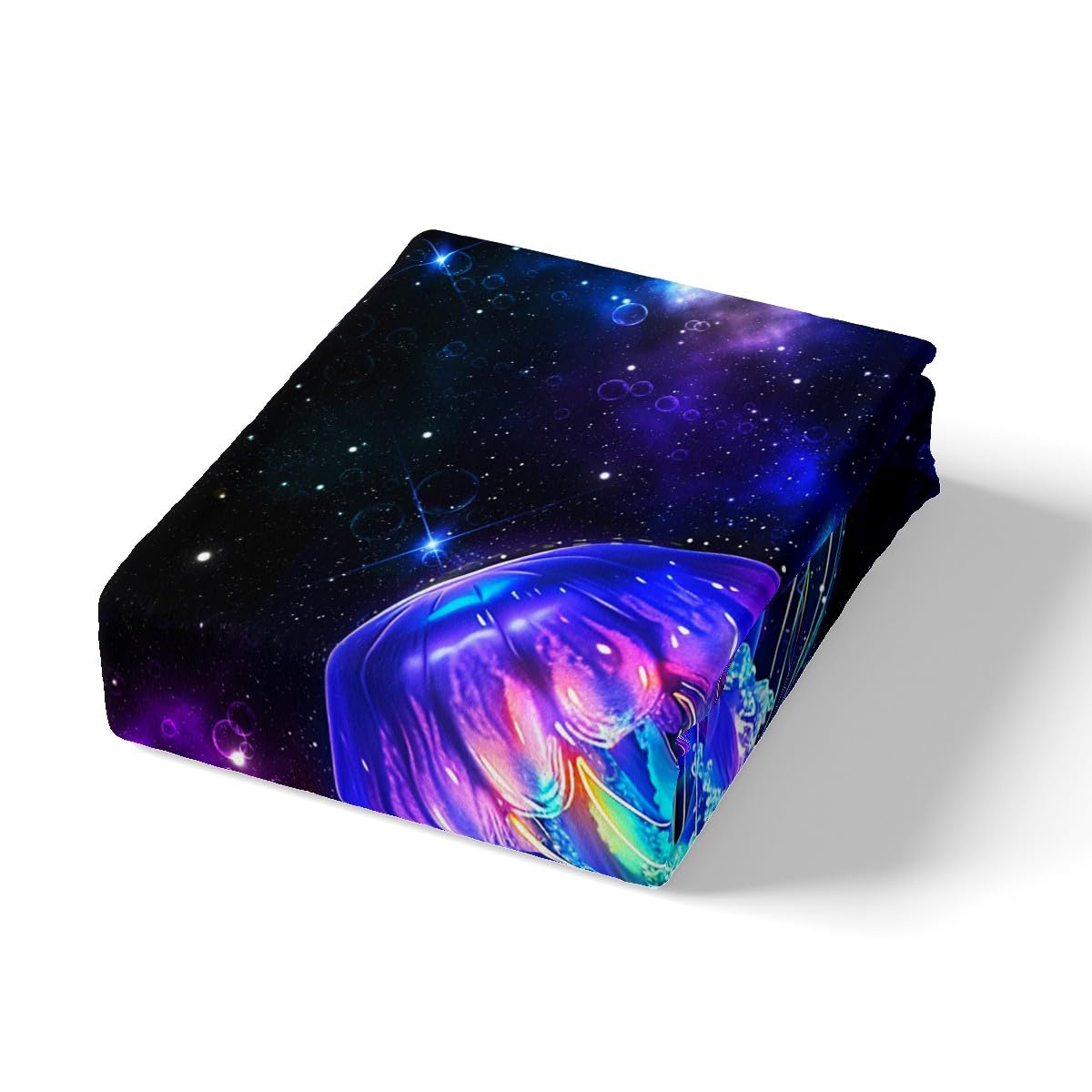 Castle Fairy Jellyfish Galaxy Bed Sheet Set King Size,Blue Nebula Spaceship Bedding Set(1 Fitted,1 Flat,2 Pillowcases),Universe Stars Planets Luxury Deep Pocket Fitted Sheet