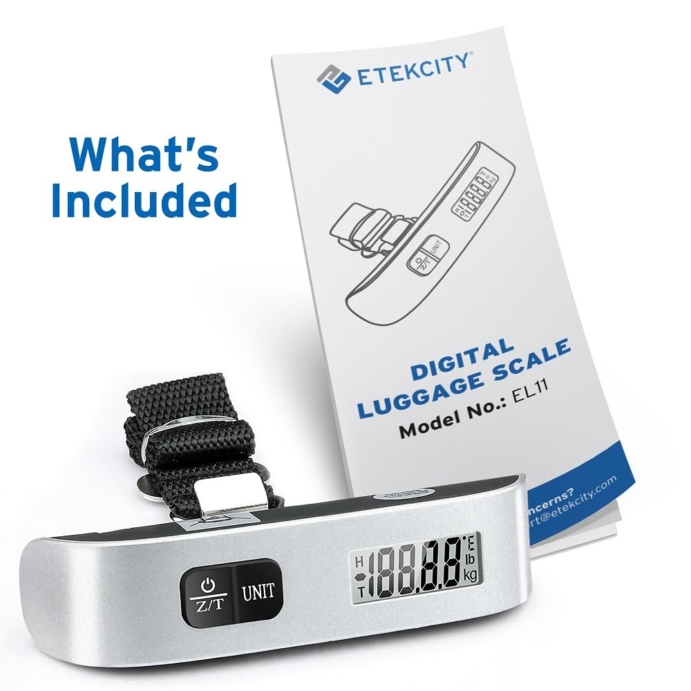 Etekcity EL11 Luggage Scale, Digital Portable Handheld Suitcase Weight for Travel with Rubber Paint, Temperature Sensor, 110 Pounds, Battery Included, Silver