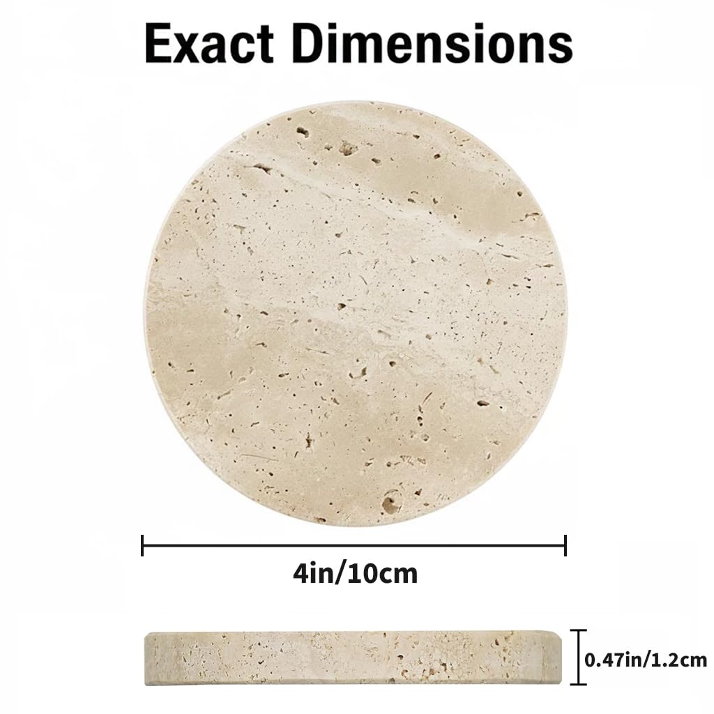 XINFUHUA Beige Travertine Coasters Set of 4, Non-Slip Cork Backing, Natural Stone Coaster for Drinks, Anti-Slip Round Artisanal Travertine Coaster for Kitchen Counter and Coffee Table (Round)