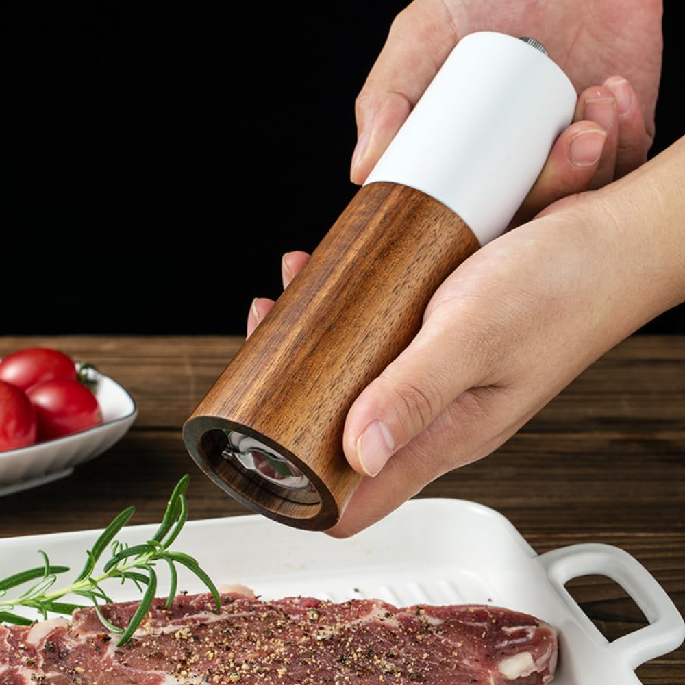 GCFTIFF Wooden Salt and Pepper Grinder Set,Crafted of Solid Acacia Wood with Ceramic Steel Core,Adjust for Customized Coarseness(2pcs white + black,6 inch)