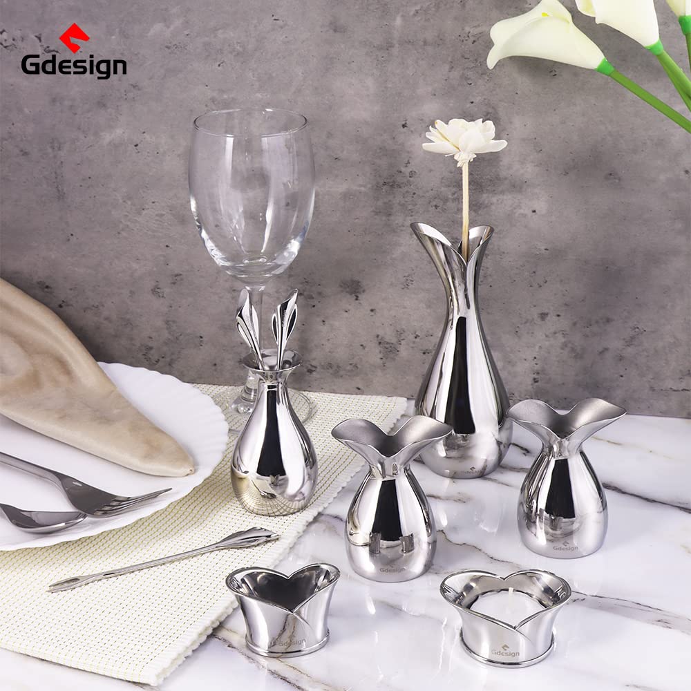 Gdesign Stainless Steel Home Decor Accessory Set, Flatware Table Set with Small Vase, Dessert Fork and Holder, Napkin Ring, Salt and Pepper Shaker, Tealight Candle Holder, Gift for Wedding, Birthday