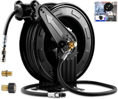 Retractable Hose Reel, Double Arm 3/8 in x 50 ft Heavy Duty Steel Professional Power Wash Hose Reel for Oil/Air/Water 4000 PSI with 5 ft Lead [Pressure cleaning hose not included ]