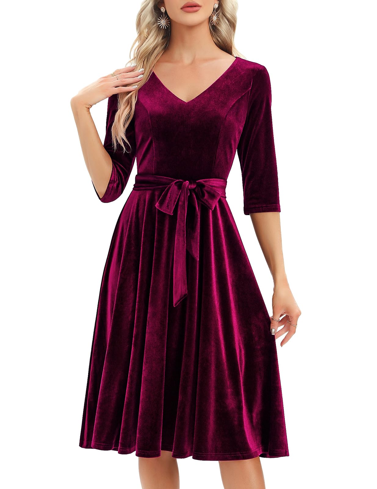 Bbonlinedress Velvet Vintage Cocktail Tea Formal Wedding Guest Midi Prom Long Sleeve Christmas Dress Burgundy 3XL