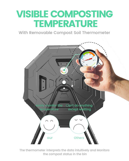 2021 Upgraded Tumbling Composter with Compost Thermometer - Dual Chamber Garden Compost Bin(43 Gal, Black)