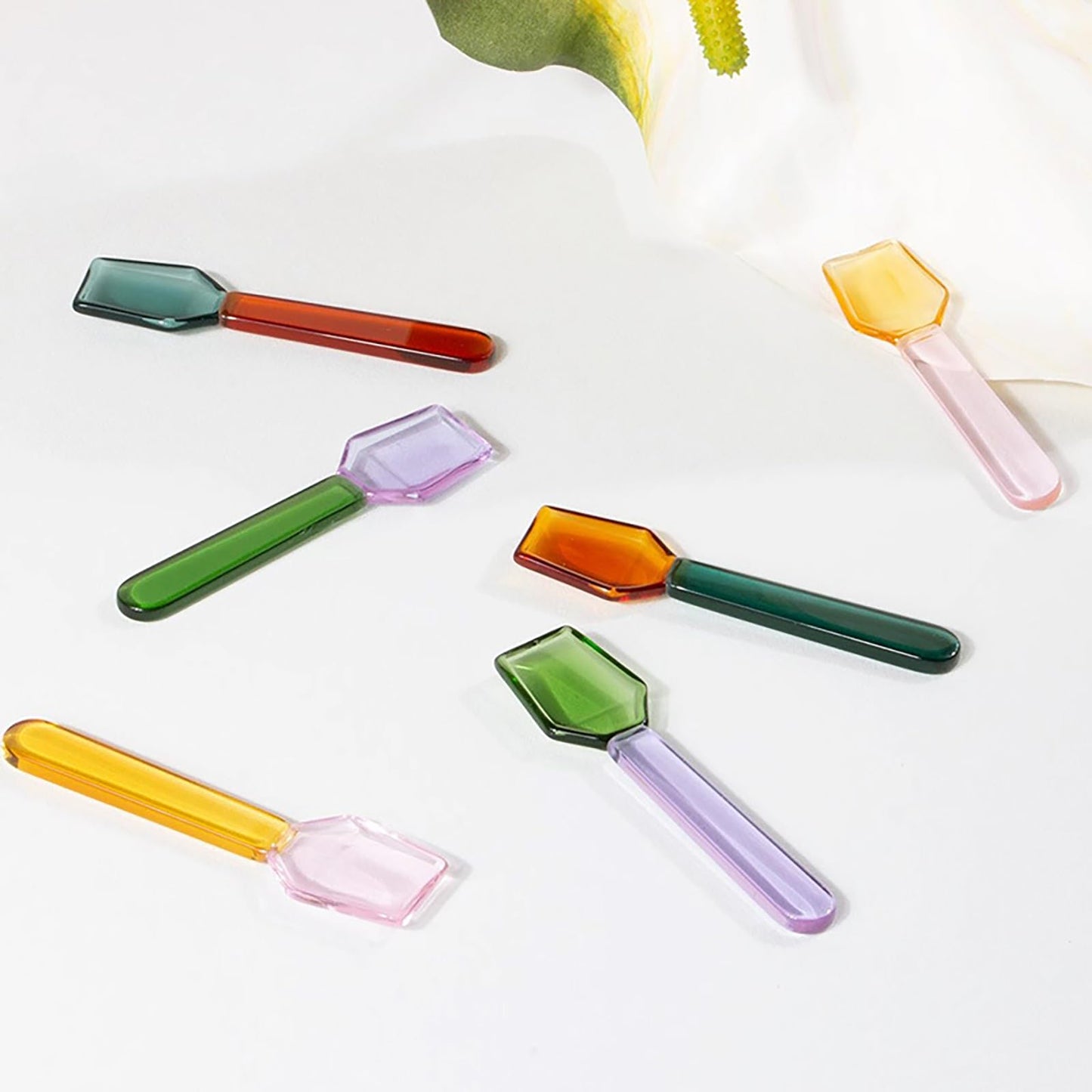 TMXAOK 3 Pieces Colorful Small Glass Spoon, 3.6Inch Clear Crystal Ice Cream Dessert Coffee Stirring Spoon Teaspoon Salt Sugar Seasoning Jam Honey Scoop for Cafe Bar Party (B)