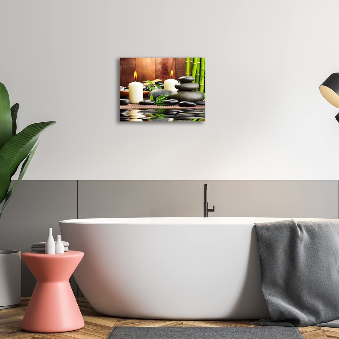 QTESPEII Zen Canvas Wall Art Paintings Decor Black Stone White Candle Green Bamboo Picture Posters for Spa Yoga Room Bathroom, Framed Modern Office Décor Home Walls Decoration, 12"x16"x 1Panel