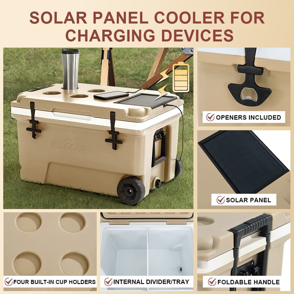 IceCove Norah 60-Quart Insulated Portable Rolling Ice Chest Solar Cooler with Wheels for Party, Camping and Outdoor Activities, Mojave Desert Tan