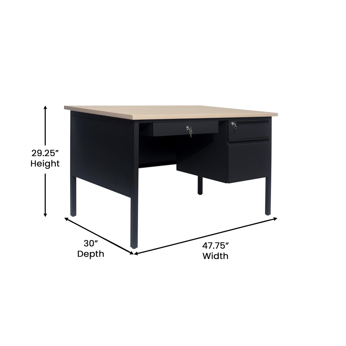 Flash Furniture Cambridge Right Side Single Pedestal Desk with 3 Locking Drawers, Commercial Grade Teacher's or Office Desk, 30x48, Metal Frame, White Oak/Black