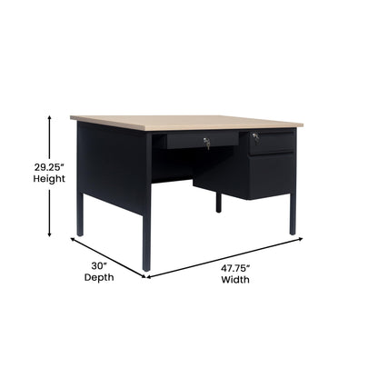 Flash Furniture Cambridge Right Side Single Pedestal Desk with 3 Locking Drawers, Commercial Grade Teacher's or Office Desk, 30x48, Metal Frame, White Oak/Black