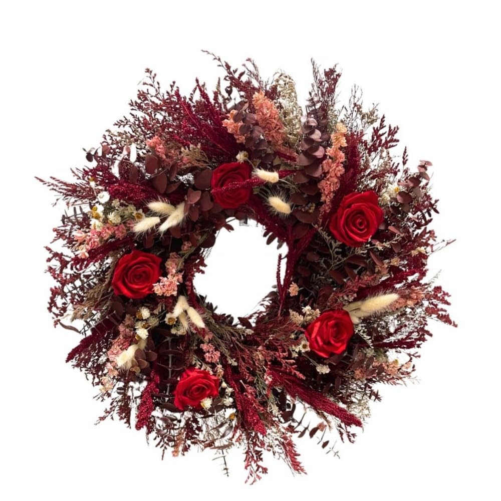 All Natural Preserved Red Rose Wreath, Handmade with Real Preserved Roses and Burgundy Eucalyptus, 20 Inch Dried Floral Wreath for Front Door and Wall Decor