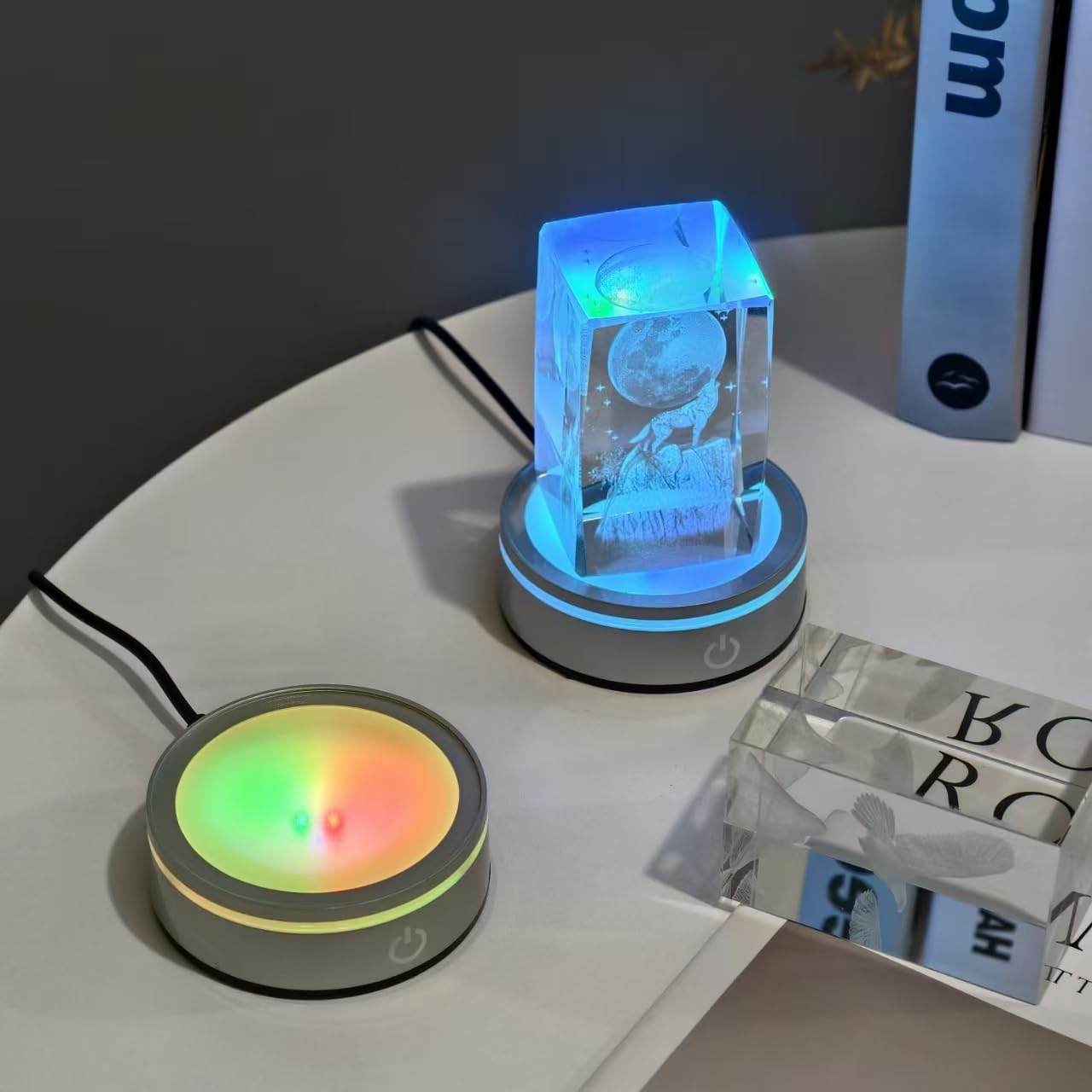 LED Light Base Lighted Display Stand for Crystal, 4 Pack Round Touch Control Light Stand, 7 Color Changing Display Base with USB Power, Illuminated Pedestal for Glass Crystal Spherical Artwork