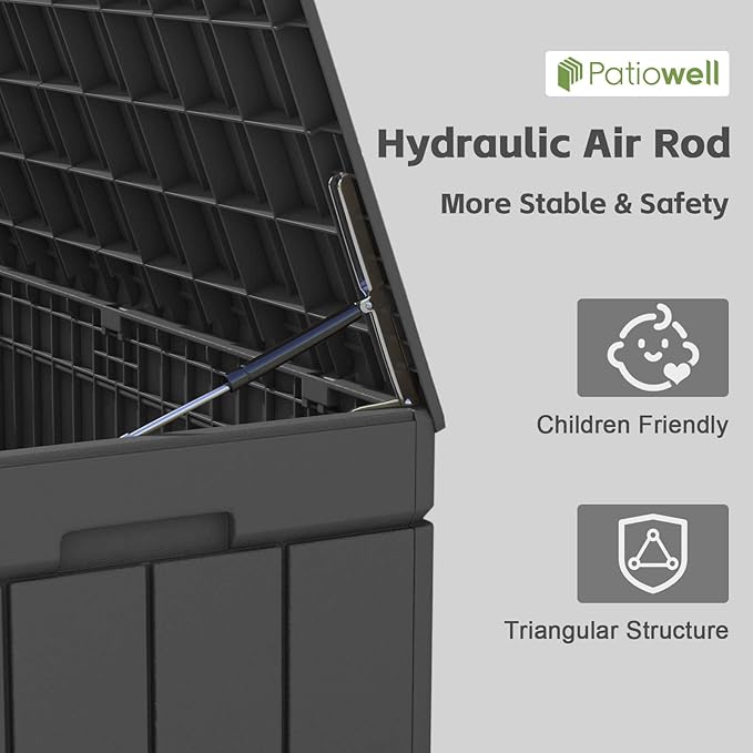 Patiowell 82 Gallon Resin Deck Box, Waterproof Large Wood Look Storage Box for Patio Furniture, Pool Accessories, Garden Tools and Sports Equipment, Lockable, Black