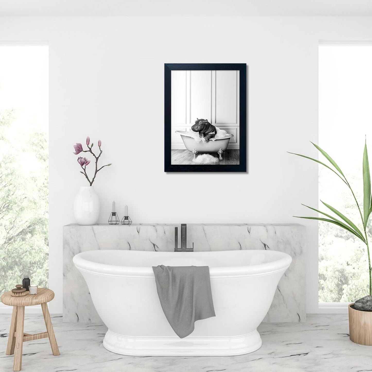 Bathroom Picture Wall Decor, Framed Black and White Bathroom Wall Art, Toilet Paper in Little Funny Raccoon's Hand Animal Canvas Print Painting