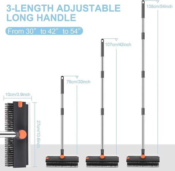 Floor Scrub V Brush with Long Handle 4 in 1 Silicone Scrape and Stiff Bristle