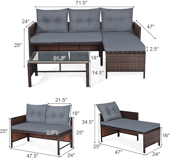 Tangkula Patio Corner Sofa Set 3 Piece, Outdoor Rattan Sofa Set, Includes
