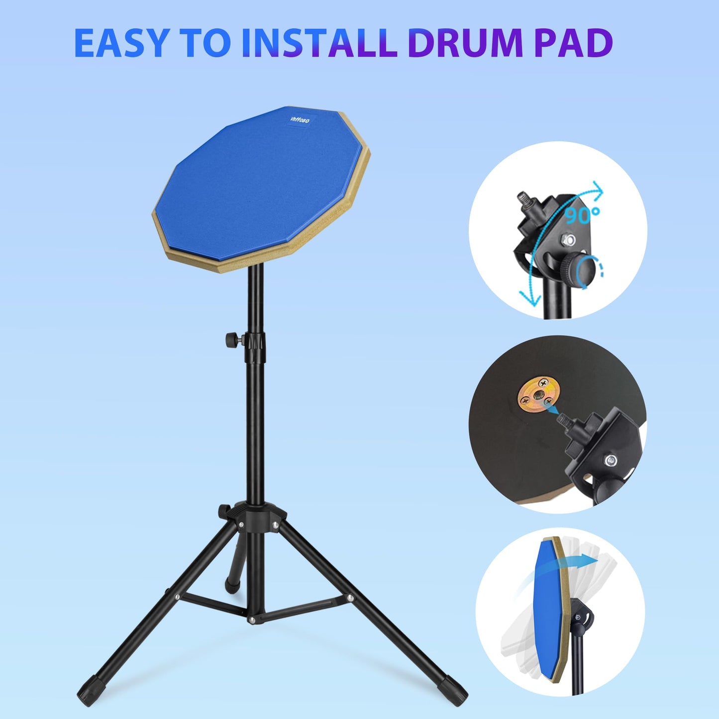 12 Inch Practice Drum Pad with Stand and Sticks, Beginner Snare Drum Pad with Drumsticks(2 pairs) and Carrying Bag, Double Sided Silent Drum Pad (Blue)