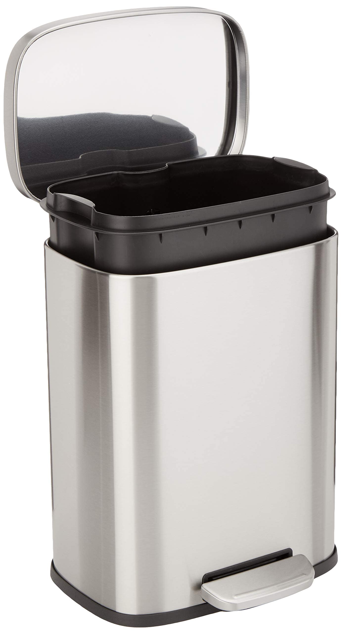 Amazon Basics Smudge Resistant Rectangular Trash Can With Soft-Close Foot Pedal, Brushed Stainless Steel, 50 Liter/13.2 Gallon, Satin Nickel Finish, 16.7"L x 14.7"W x 25.9"H