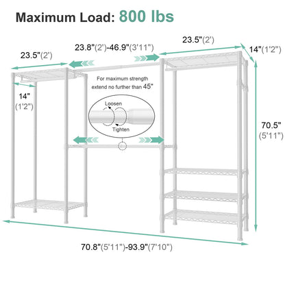 SEMHOR E06 Expandable Heavy Duty Clothes Rack for Reach-in Closet, Freestanding Clothing Racks with Shelves, Carbon Steel Closet Organizer System Adjustable from 70.8-93.9", Max Load 800LBS, White