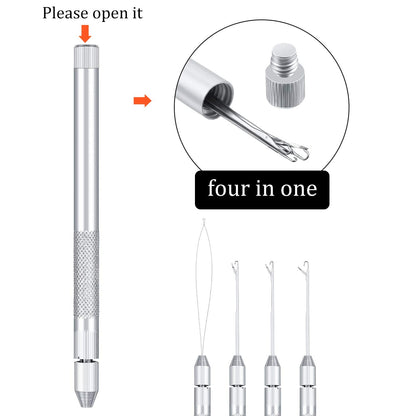 2 Sets 4-in-1 Hair Extension Tools, Includes Loop Needle Threader, Knitting Needles and Holder for Beads Dreadlock Wig Hair Extensions Lace Wig Making, Loop Tools and Hooks