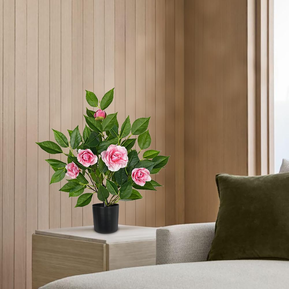 Small Artificial Camellia Roses Potted - 17.7" Pink Faux Camellia Rose Mini Tree Fake Flower Plant Artificial Plants & Flowers Indoor with Planter for Home Office Living Room Porch Arrangement Decor