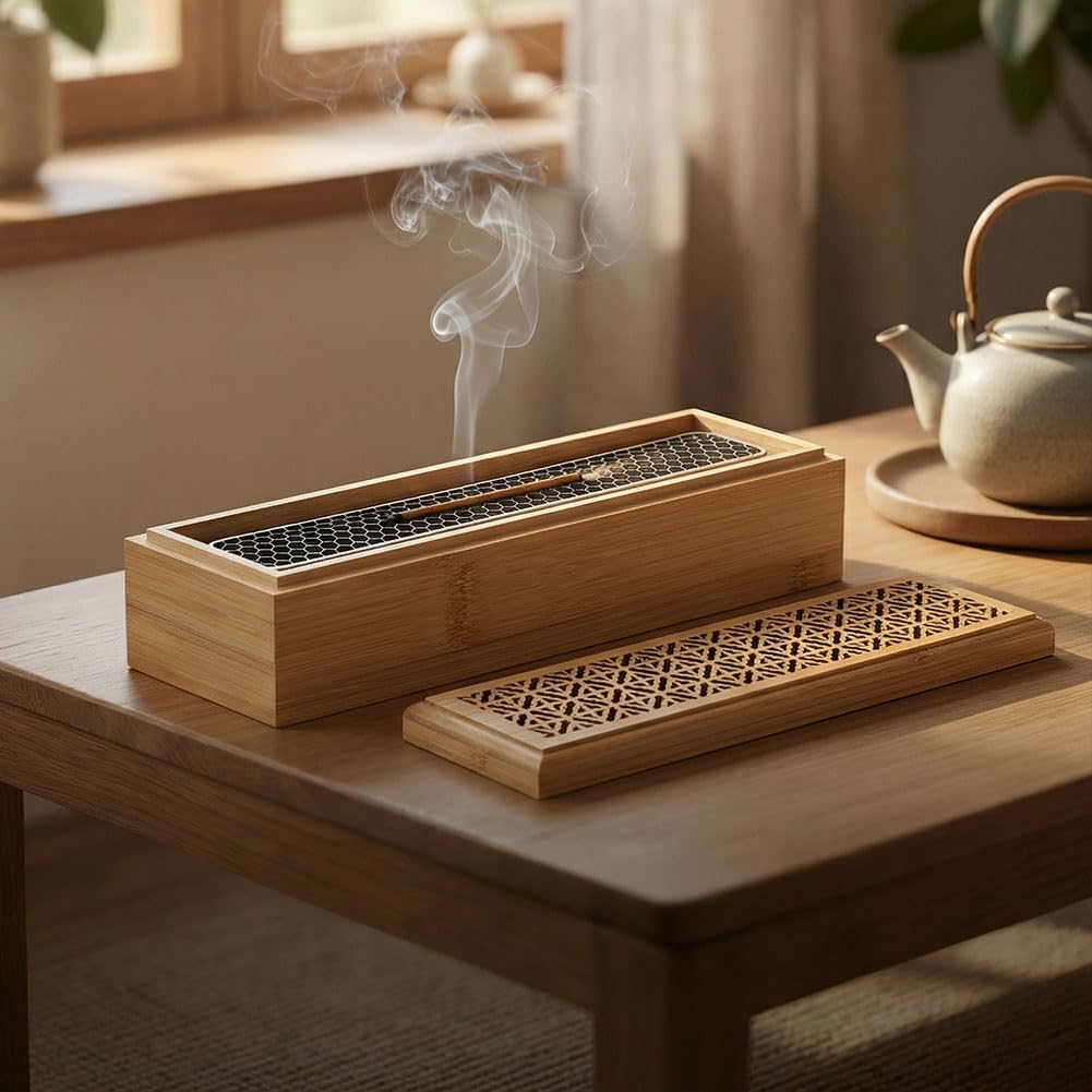Incense Holder Burner, Coffin Double Layer Wooden Ash Catcher with Storage Drawer & Lid, Includes Zen Brush and Incense Stand for Meditation, Yoga Room, Home, Office