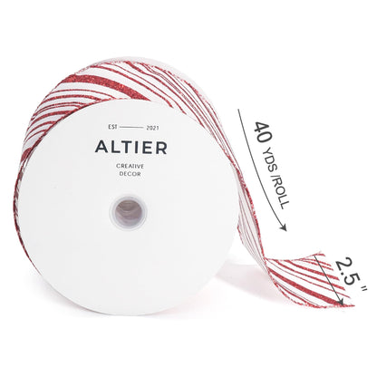 ALTIER 2.5 Inch x 40 Yards White Satin Red Glitter Stripes Wired Ribbon for Christmas Home Decoration Gift Wrapping Bow Making Wreath DIY Crafts