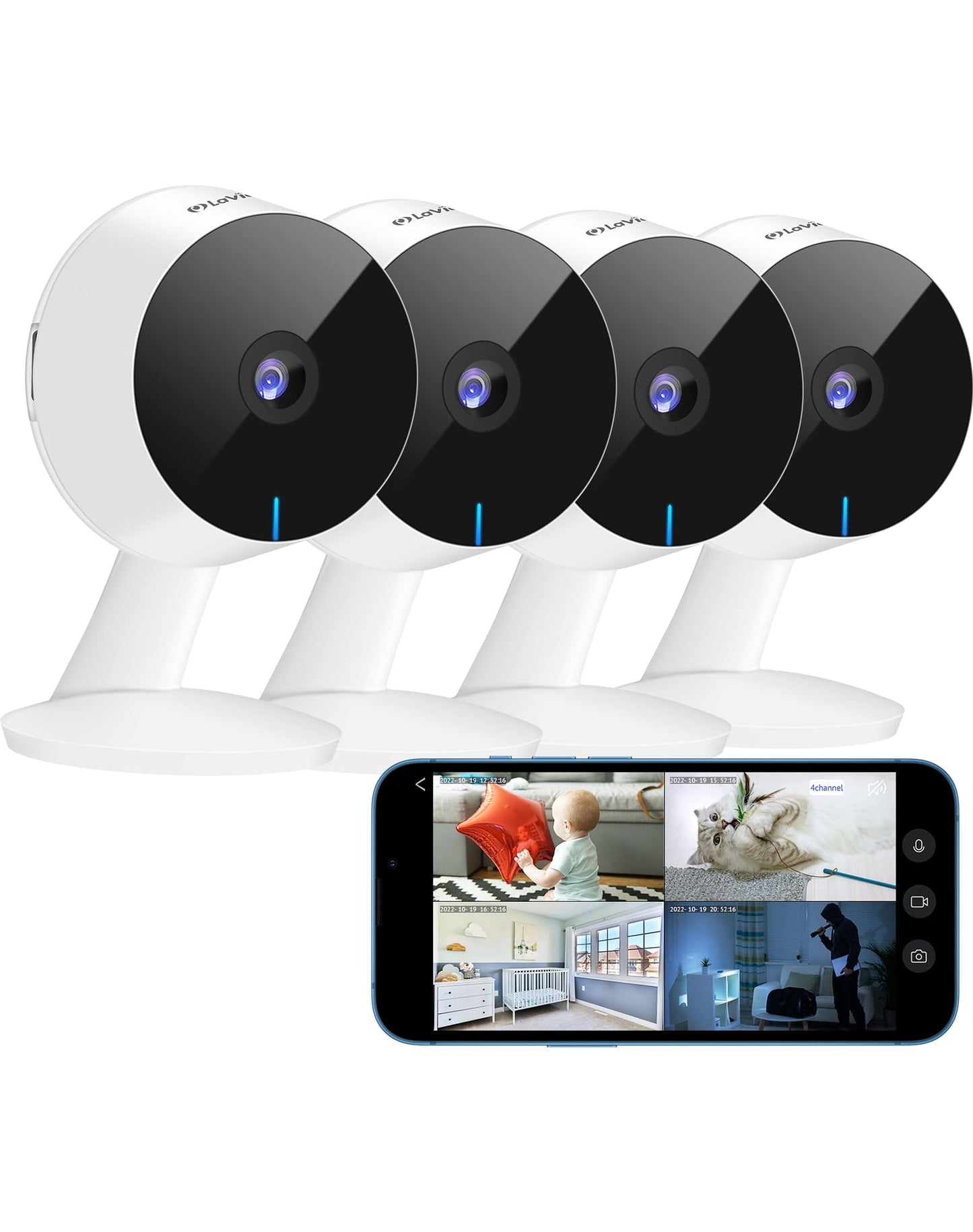 LaView Security Cameras 4pcs, Home Security Camera Indoor 1080P, Wi-Fi Cameras Wired for Pet, Motion Detection, Two-Way Audio, Night Vision, Phone App, Works with Alexa, iOS & Android & Web Access