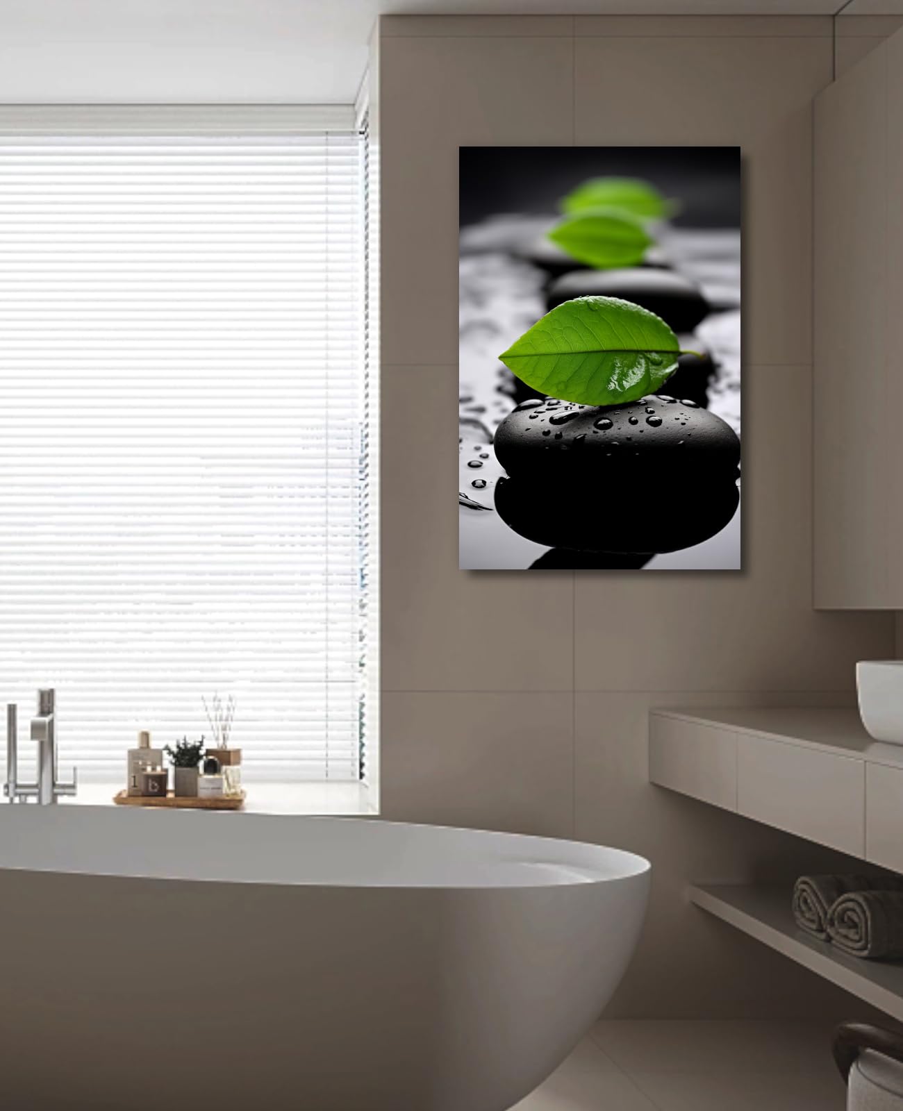 LYUNSHUO Zen Wall Art,Black SPA Stones Canavs Print Green Leaf Picture Spiritual Room Wall Decor Meditation Still Life Painting Framed Artwork for Bathroom Office Home Decor(Art-2,12.00"x18.00")