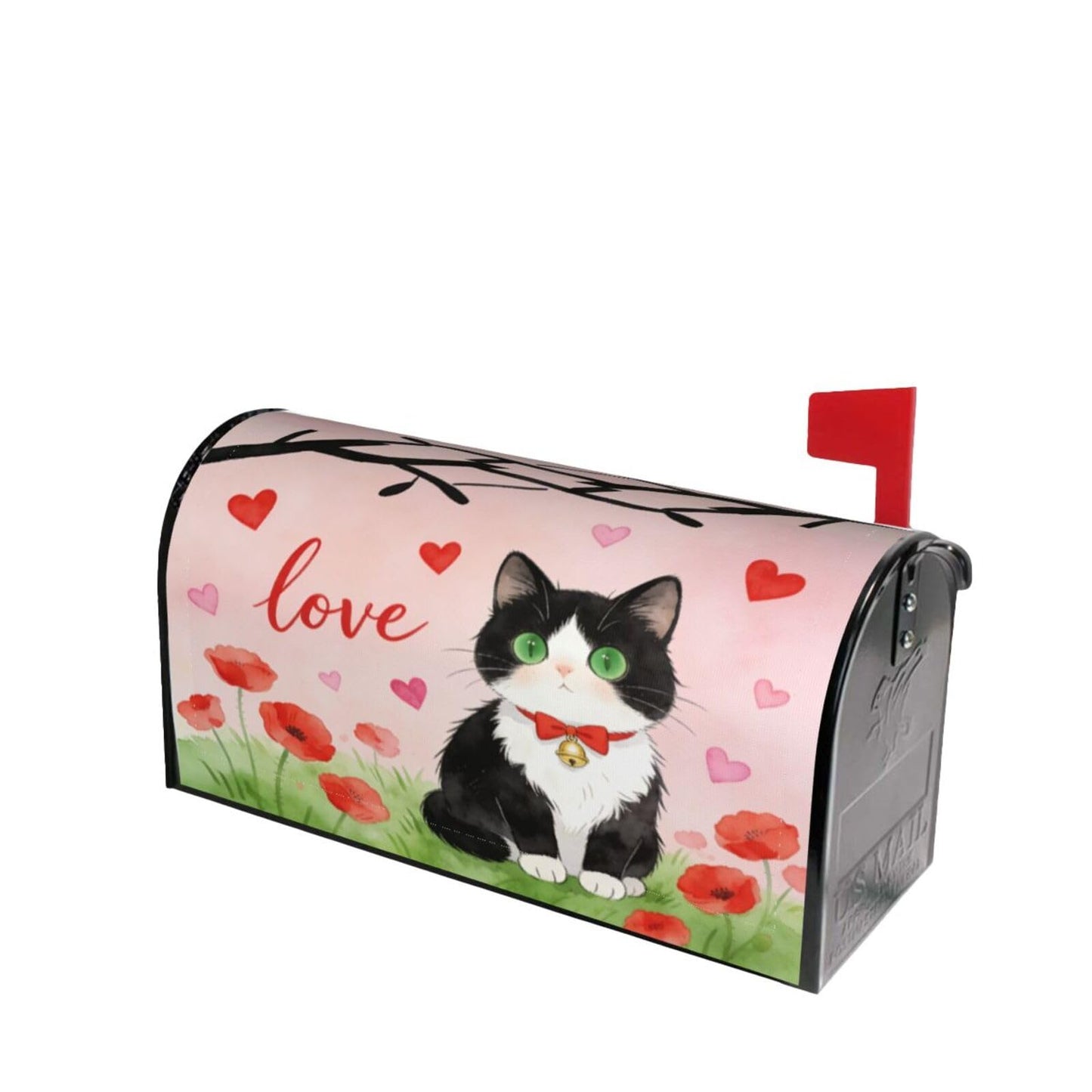 Love Cat Red Flowers Magnetic Mailbox Covers, Mail Wraps Garden Yard Home Decor for Outdoor Standard Size 21x18 in