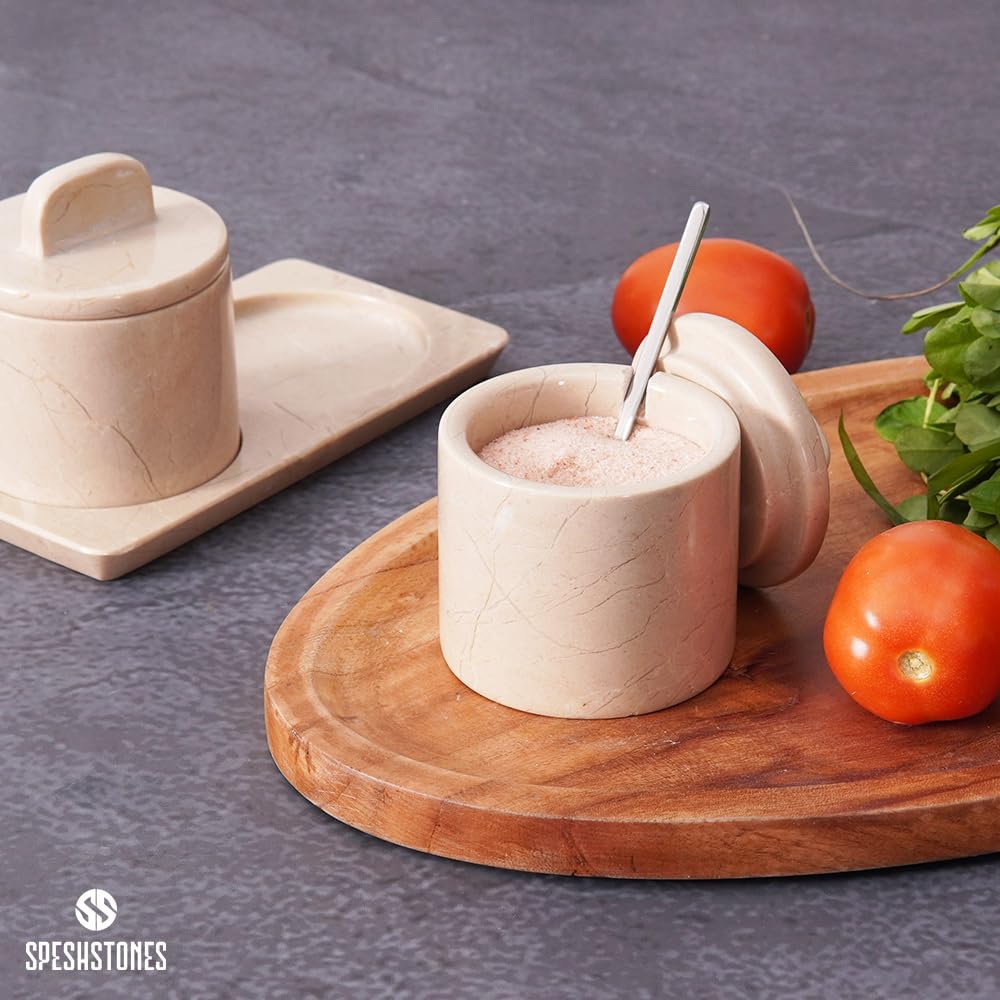 SPESHSTONES Marble Salt Cellar Beige 4 Inch Salt Jar with Lid, Table Salt Containers for Countertop, Salt Dish, Salt Holder, Spice Jars, Sugar Bowl, Seasoning Container Set of 2, Salt Dispenser