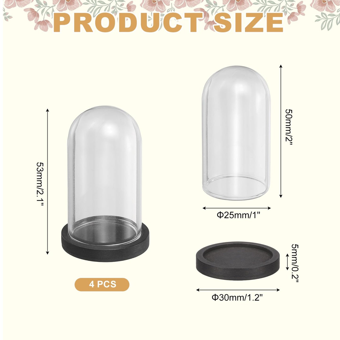 uxcell 4Pcs Glass Display Dome, 1.2" x 2.1" Clear Cloche Glass Dome Decorative Bell Jar with Wooden Base for Collectibles Display Candle Tabletop Centerpiece Plants Wedding, Black