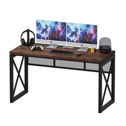 BON AUGURE Farmhouse Computer Desk, Modern Industrial Home Office Desks, Wood Metal Study Writing Table, Sturdy Gaming Desk (Rustic Oak, 54 Inch)