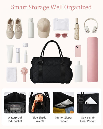 KUIRAN Gym Bag for Women with Yoga Mat Holder, Small Mini Gym Tote Bag Puffy Quilted Lightweight Sports Duffel Bag with Wet Compartment for Dance Yoga Workout Travel - Black